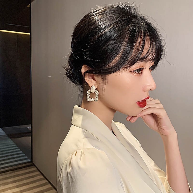 Elegant Pearl Geometric Square Dangle Earrings