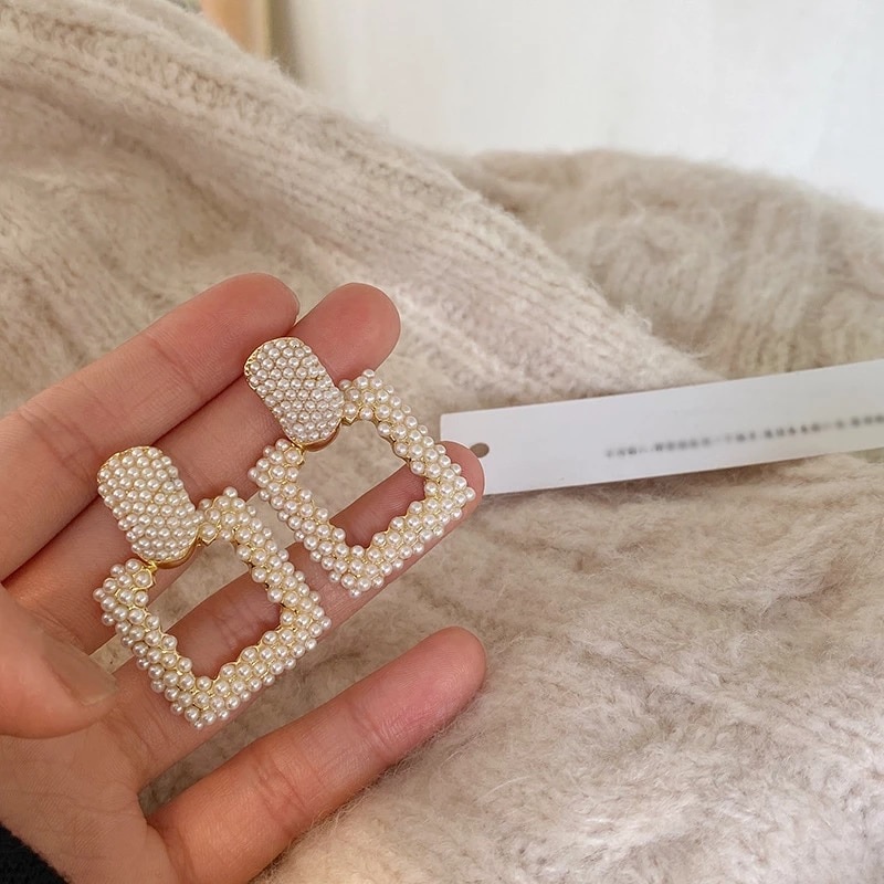 Elegant Pearl Geometric Square Dangle Earrings - Image 8