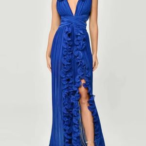 Elegant Pleated Ruffles Design Gathered Waist Party Prom Long Split Dress