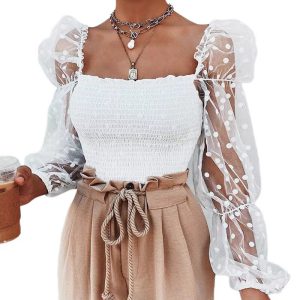 Elegant Puff Long Sleeve Lace Polka Broadcloth Dot Crop Tops