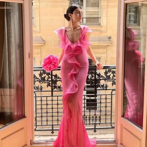 Elegant Ruffle Draped Sleeveless Irregular Ruffles Flower Design Maxi Dress