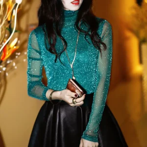 Elegant Shining Long Sleeve Mesh Medium Stretch Blouse Top