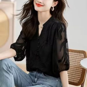 Elegant Short Sleeve Chiffon Lace Loose-fit Slight Stretch Blouse