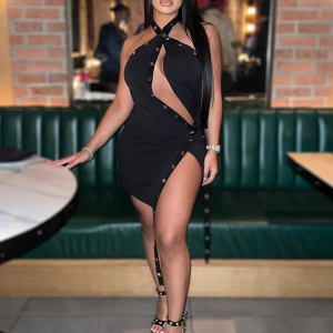 Elegant Skinny Elastic Hollow Ribbon Halter Backless Bodycon Mini Dress