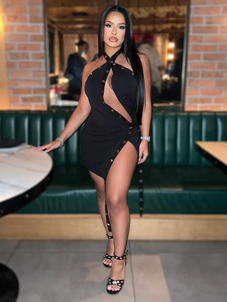 Elegant Skinny Elastic Hollow Ribbon Halter Backless Bodycon Mini Dress