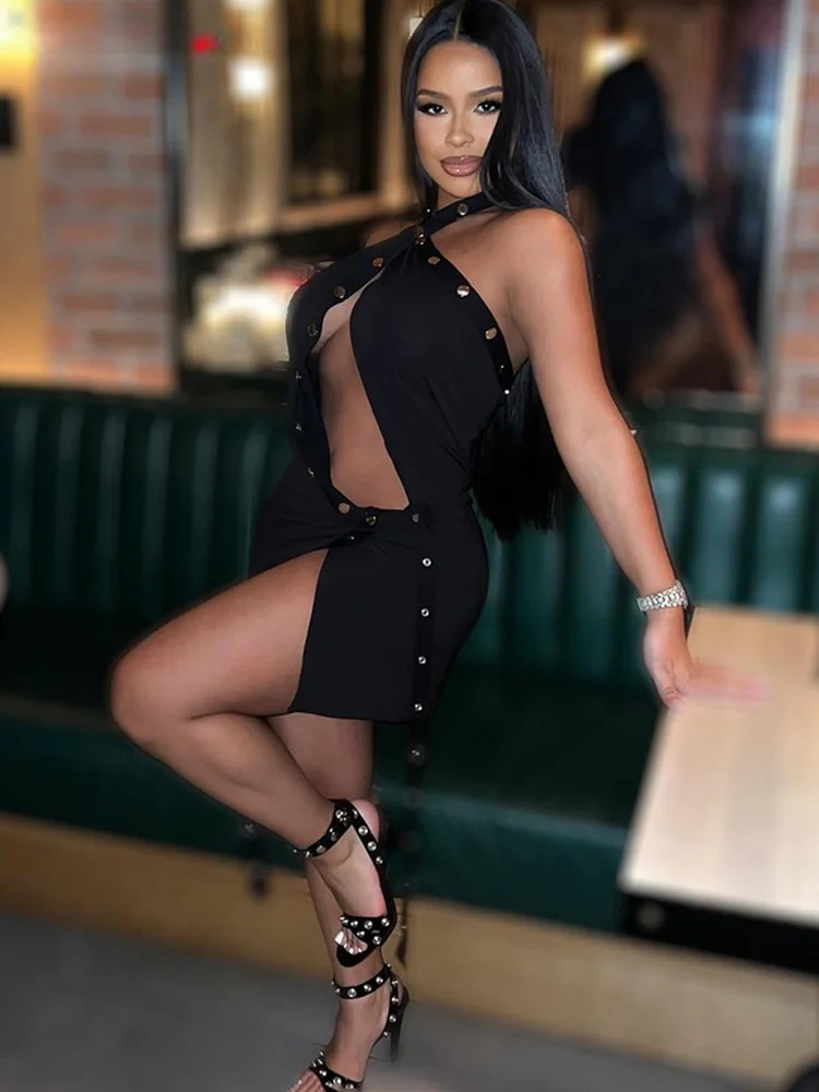 Elegant Skinny Elastic Hollow Ribbon Halter Backless Bodycon Mini Dress - Image 3