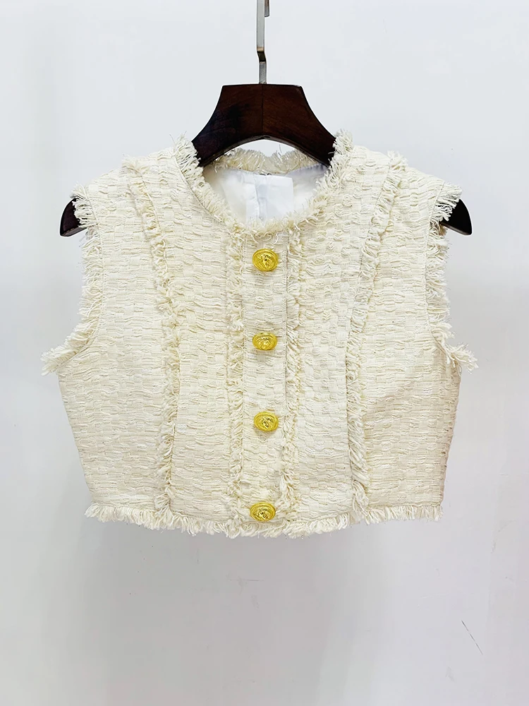 Elegant Sleeveless Fringed Tassel Tweed Tank Top Mini Skirt Designer Suit Set - Image 2