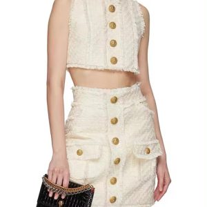 Elegant Sleeveless Fringed Tassel Tweed Tank Top Mini Skirt Designer Suit Set