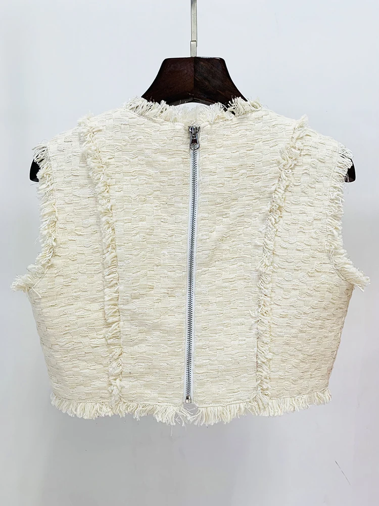 Elegant Sleeveless Fringed Tassel Tweed Tank Top Mini Skirt Designer Suit Set - Image 4