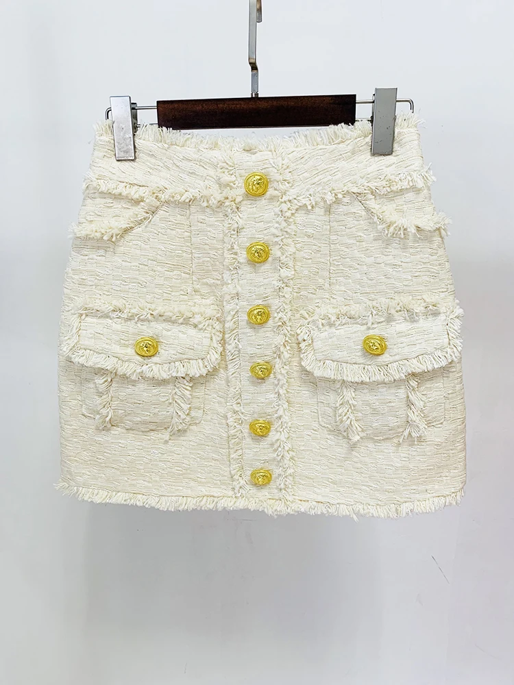 Elegant Sleeveless Fringed Tassel Tweed Tank Top Mini Skirt Designer Suit Set - Image 3