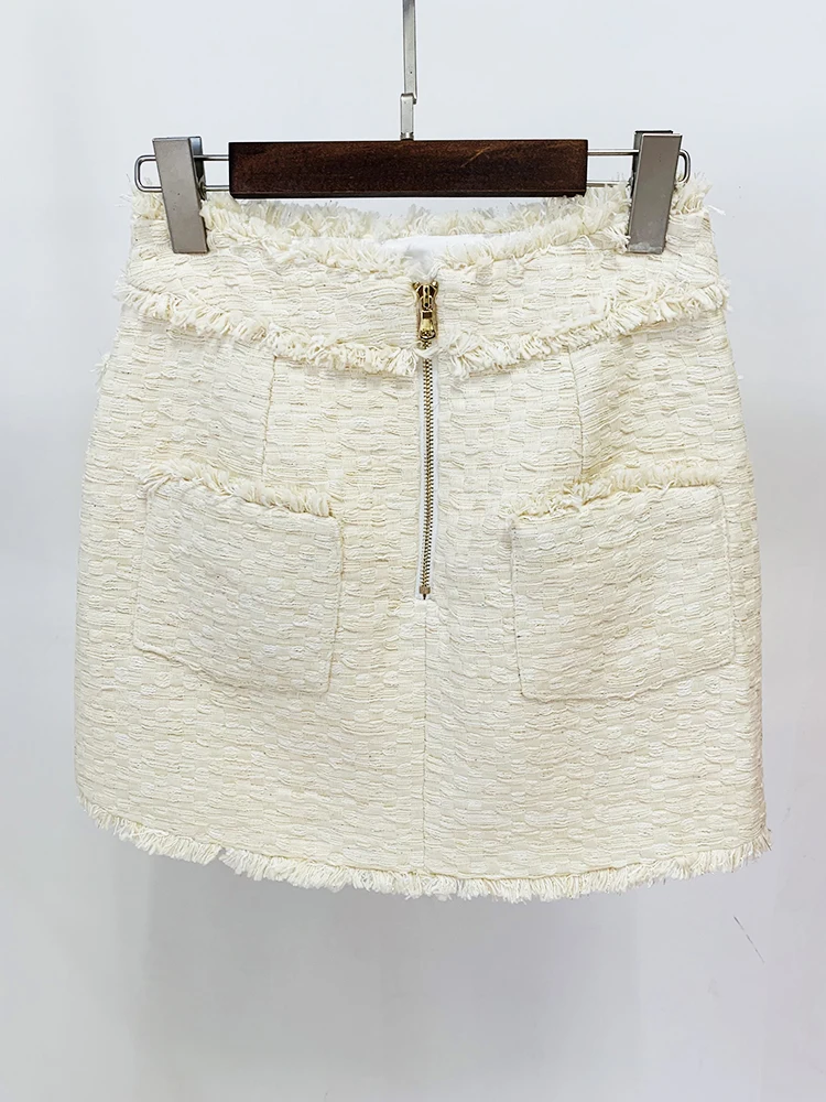 Elegant Sleeveless Fringed Tassel Tweed Tank Top Mini Skirt Designer Suit Set - Image 5