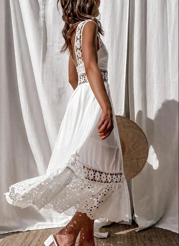 Elegant Sleeveless Solid Color Slip Lace Frock Hollow Out Beach Wear Long Maxi Dress - Image 4