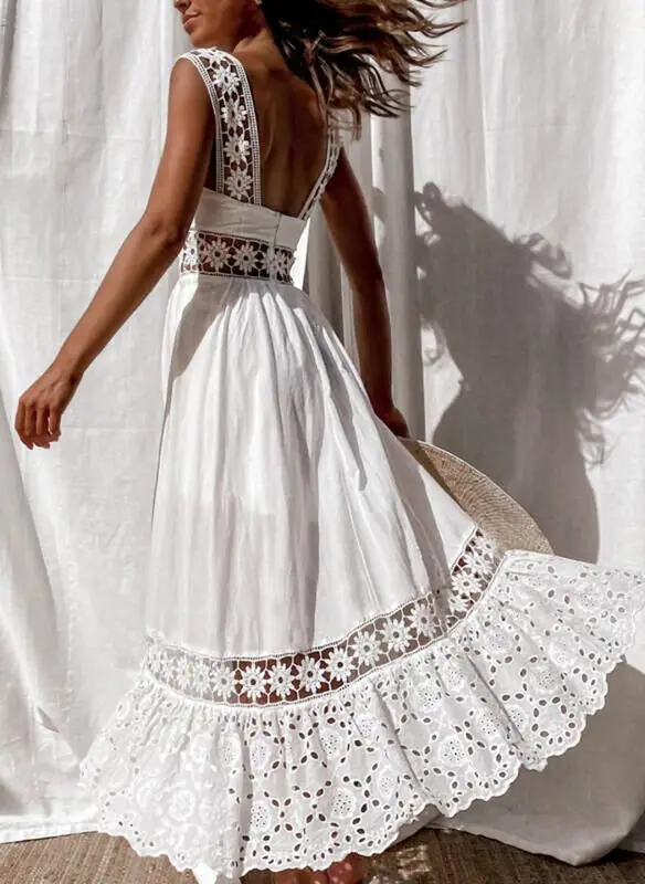 Elegant Sleeveless Solid Color Slip Lace Frock Hollow Out Beach Wear Long Maxi Dress - Image 5