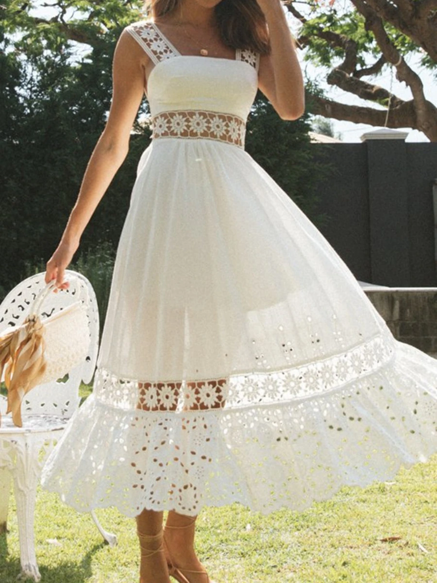 Elegant Sleeveless Solid Color Slip Lace Frock Hollow Out Beach Wear Long Maxi Dress - Image 3