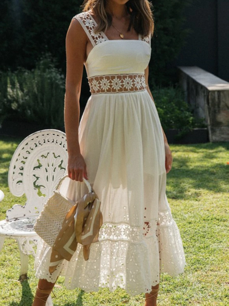 Elegant Sleeveless Solid Color Slip Lace Frock Hollow Out Beach Wear Long Maxi Dress - Image 2