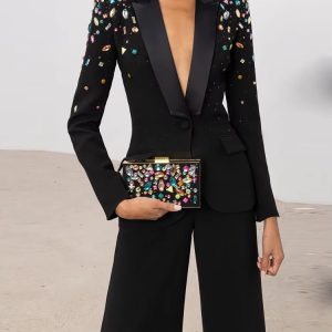 Elegant Slim Fitting Strass Diamonds Beaded Blazer Pants Suit Set