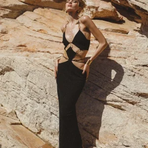 Elegant Spaghetti Strap Cut Out Metal Ring Bandage Bodycon Maxi Dress