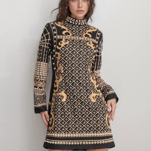 Elegant Stand Collar Long Sleeve High Waist Patchwork Pearls Mini Dress