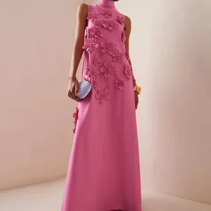 Elegant Standing Neck Sleeveless 3D Flower Birthday Party Maxi Dress