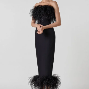 Elegant Strapless Backless Feather Bandage Bodycon Midi Dress