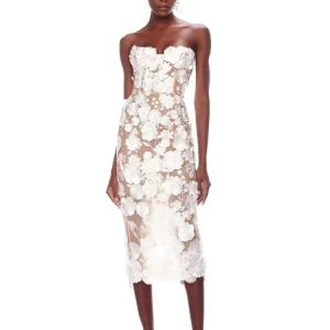 Elegant Strapless Lace Flower Backless Slim Slight Stretch Midi Dress