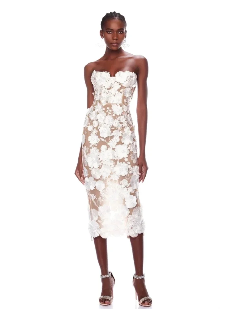 Elegant Strapless Lace Flower Backless Slim Slight Stretch Midi Dress
