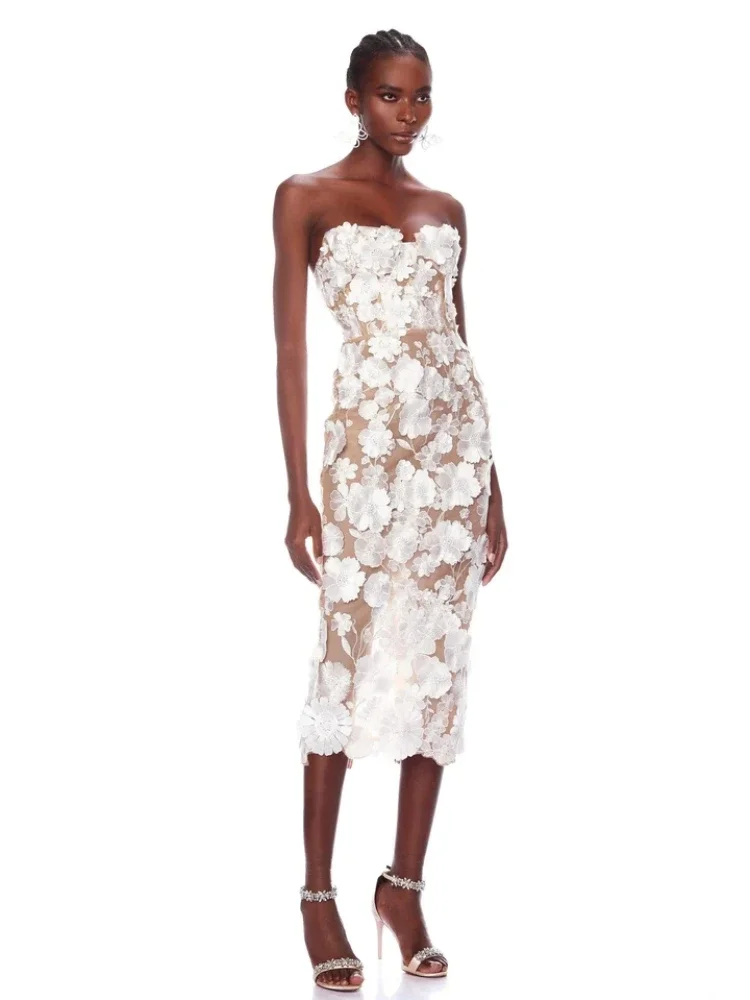 Elegant Strapless Lace Flower Backless Slim Slight Stretch Midi Dress - Image 2
