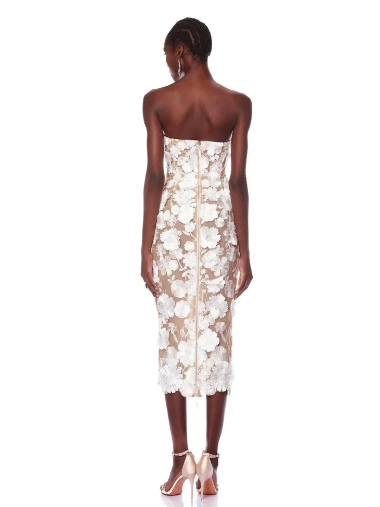 Elegant Strapless Lace Flower Backless Slim Slight Stretch Midi Dress - Image 3
