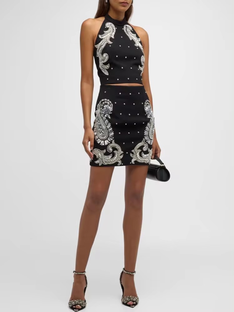 Elegant Stunning Beaded Halter Neck Camis Top Mini Skirt Designer Suit Set