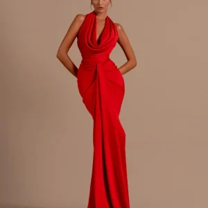Elegant Swinging Collar Backless Pleated Long Draped Maxi Dress