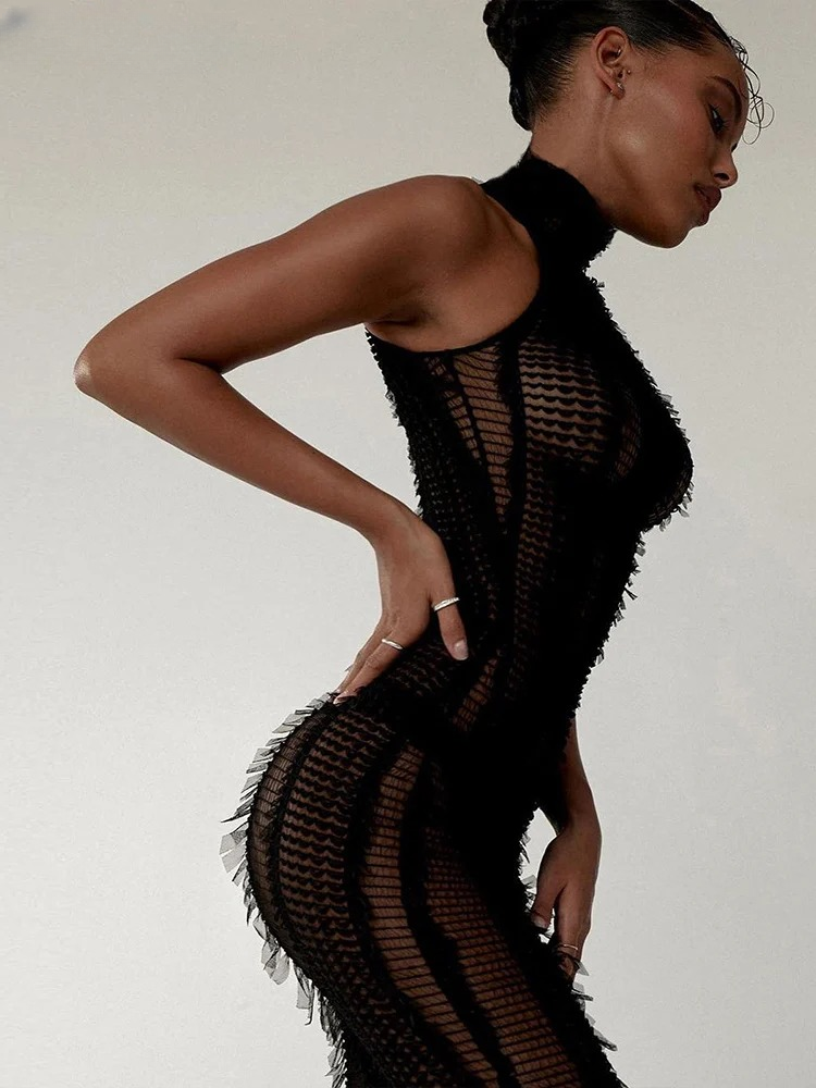 Elegant Tassel Patchwork Sleeveless Skinny Stretch Bodycon Dress Clubwear - Image 6