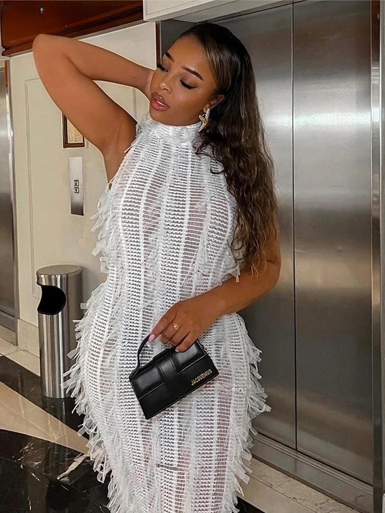 Elegant Tassel Patchwork Sleeveless Skinny Stretch Bodycon Dress Clubwear