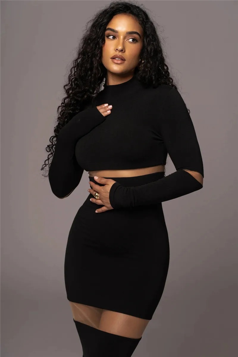 Elegant Turtleneck Long Sleeve Patchwork Club Party Bodycon Midi Dress - Image 3