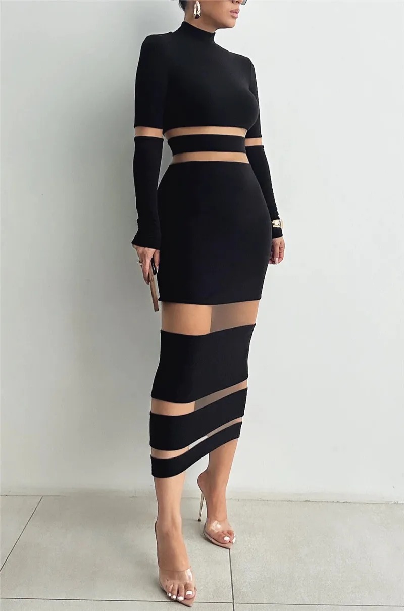 Elegant Turtleneck Long Sleeve Patchwork Club Party Bodycon Midi Dress - Image 10