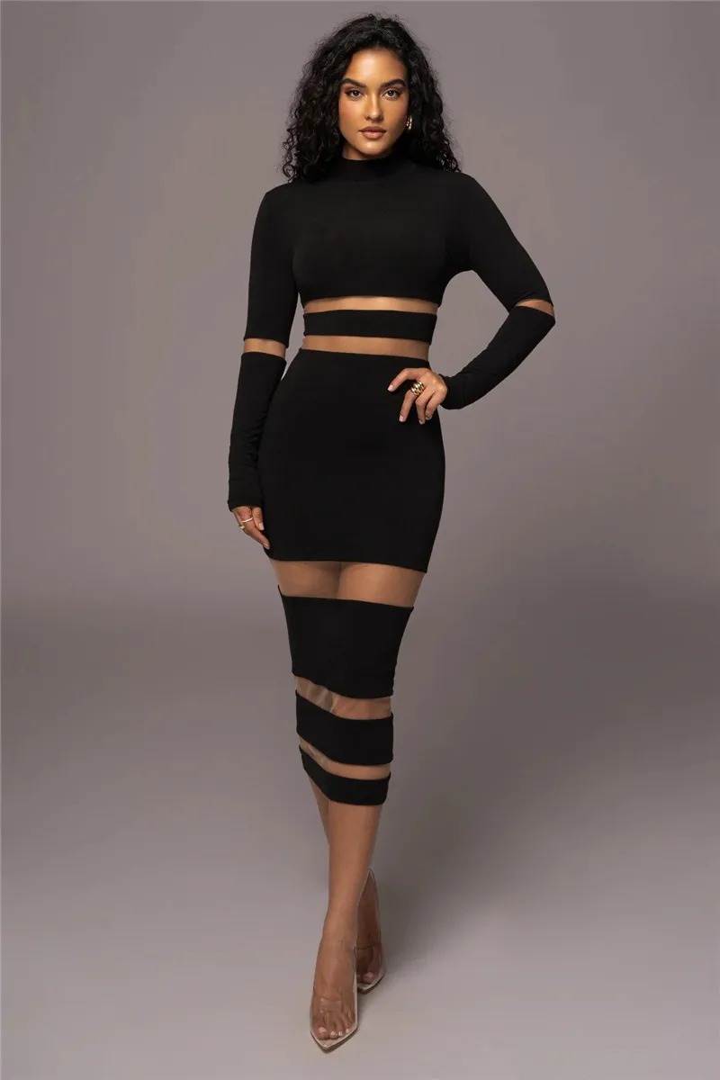 Elegant Turtleneck Long Sleeve Patchwork Club Party Bodycon Midi Dress - Image 6
