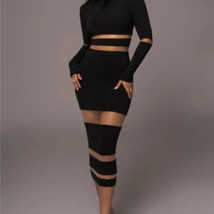 Elegant Turtleneck Long Sleeve Patchwork Club Party Bodycon Midi Dress