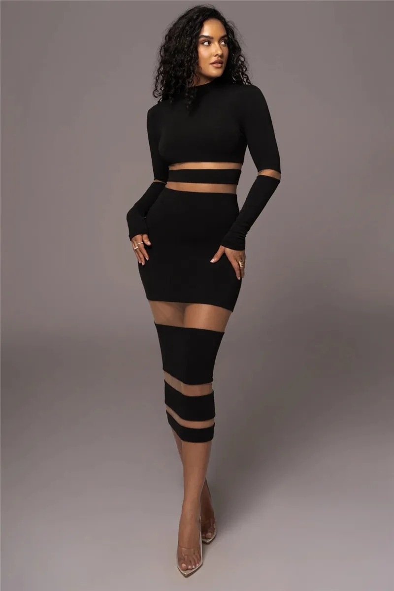 Elegant Turtleneck Long Sleeve Patchwork Club Party Bodycon Midi Dress