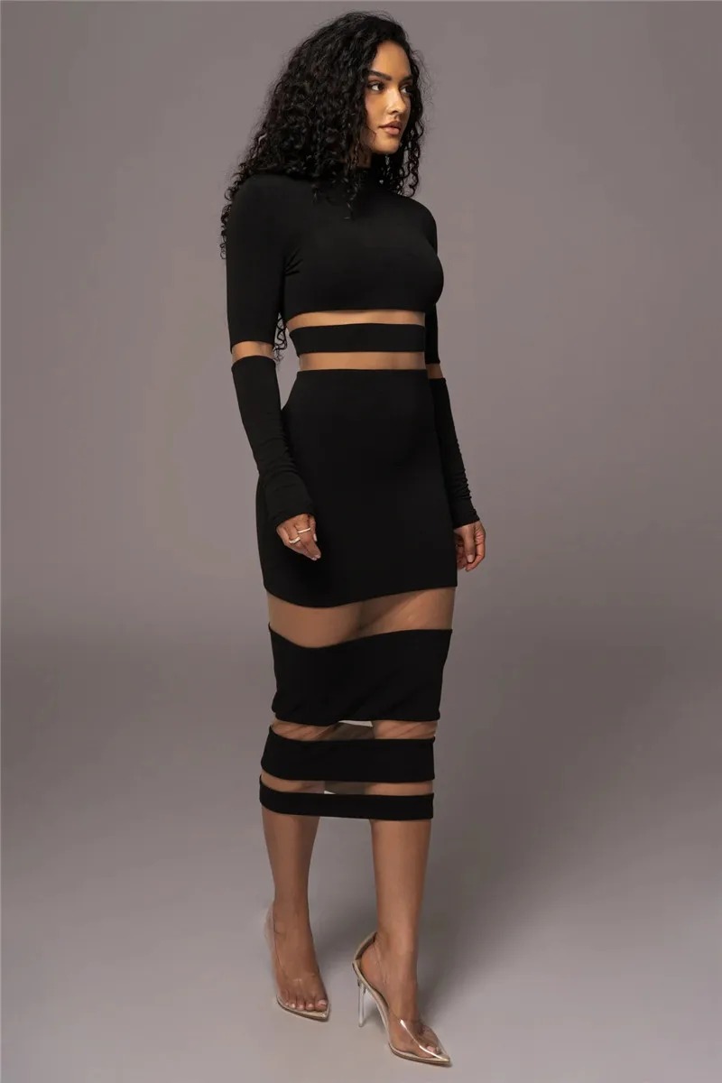 Elegant Turtleneck Long Sleeve Patchwork Club Party Bodycon Midi Dress - Image 7