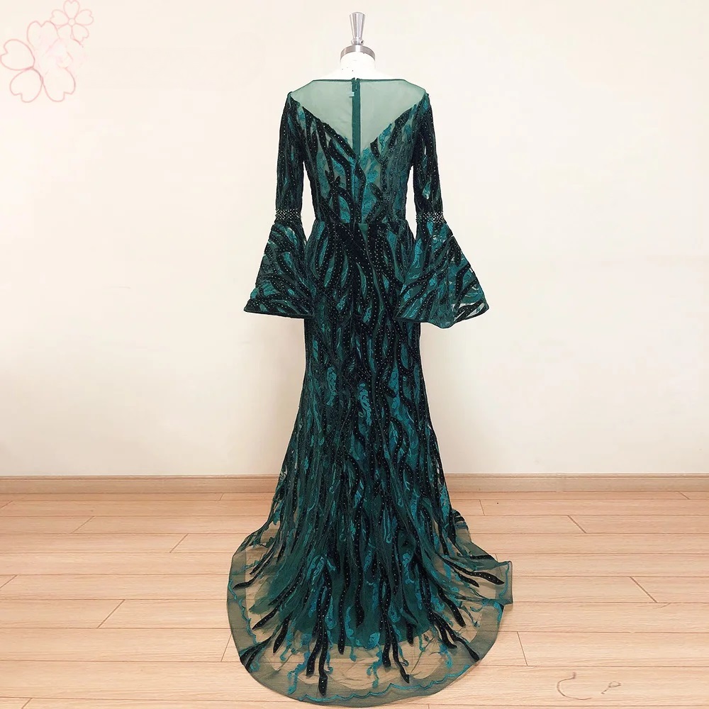 Elegant Velvet Long Sleeves Crystal Mermaid Formal Wedding Prom Party Gowns - Image 2