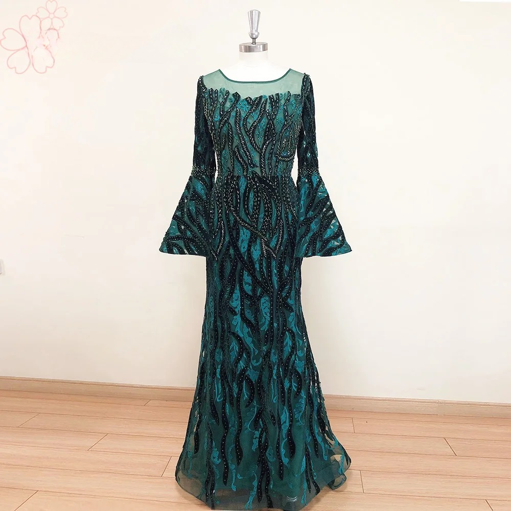 Elegant Velvet Long Sleeves Crystal Mermaid Formal Wedding Prom Party Gowns - Image 3
