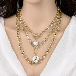 Elegant Zinc Alloy Near Round Pearl Chain Necklace Jewelry