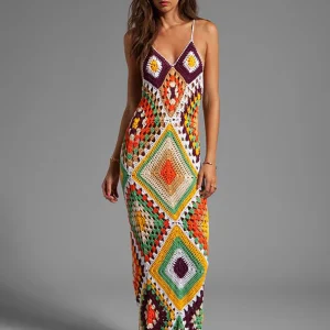 Elegant knit Firework Plaid Acrylic Beach Style Maxi Dress