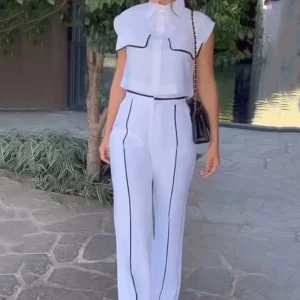 Formal Contrast Button Jacket Slim Top Loose With Pockets Pants Two Piece Set