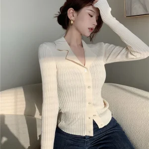 Formal Knitted Slim Fit Button Up Wild Long Sleeve Jersey