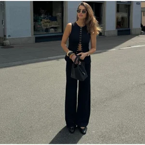 Formal O-neck Single Breasted Slim High Waist Straight Pant And Top Outfit