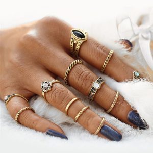Golden Knuckle Ethnic Style Gems Jeweled Alloy 12 Pieces Ring Set