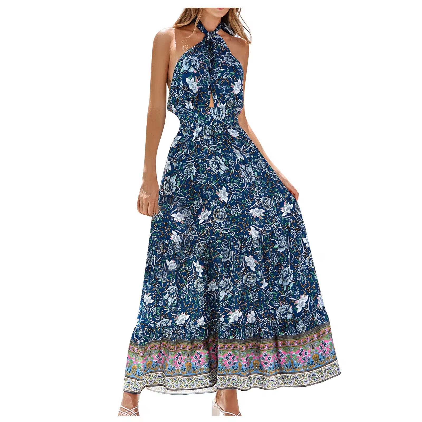 High Waist Bohemian Vestidos Vintage Floral Boho Halter Neck Maxi Dresses - Image 6