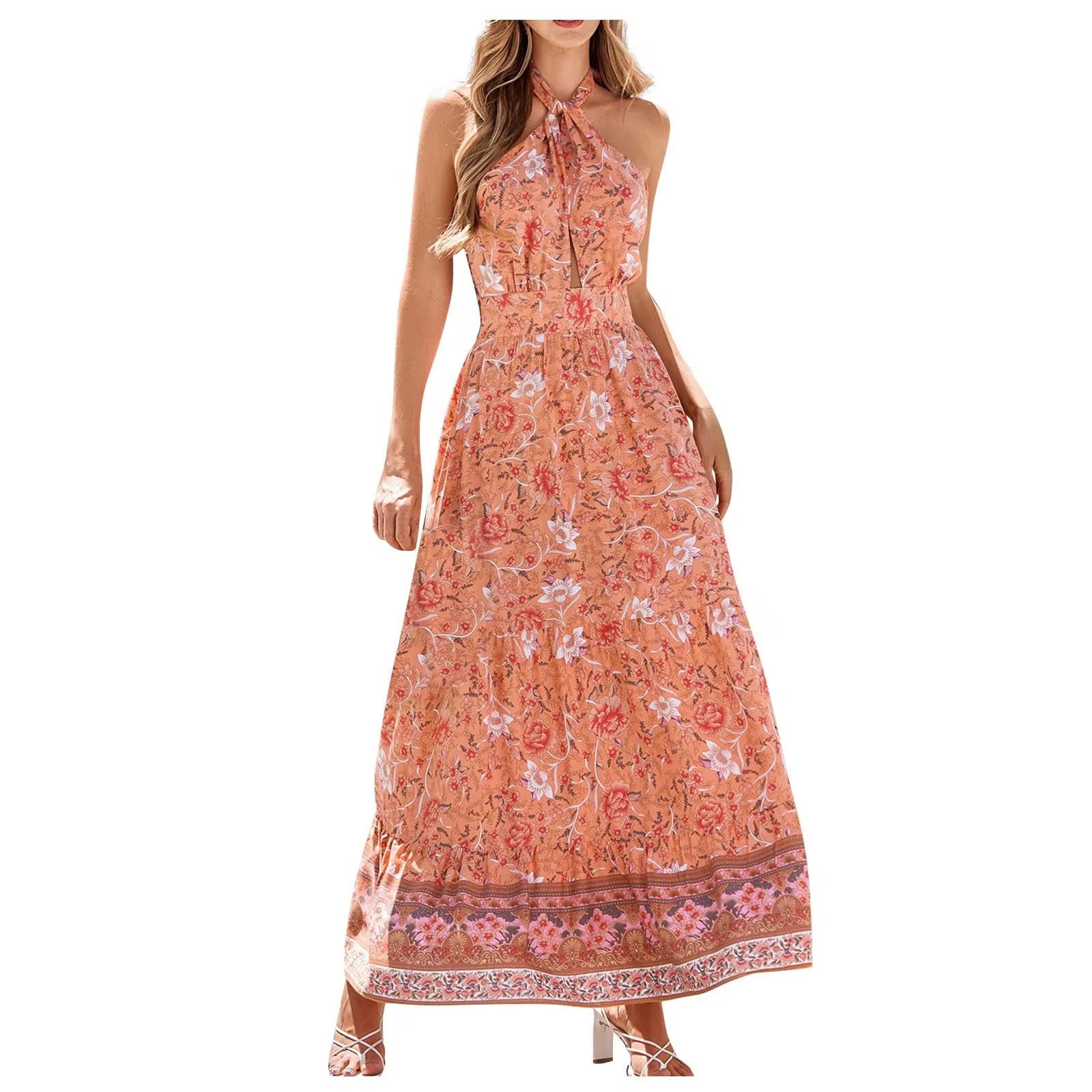 High Waist Bohemian Vestidos Vintage Floral Boho Halter Neck Maxi Dresses - Image 4