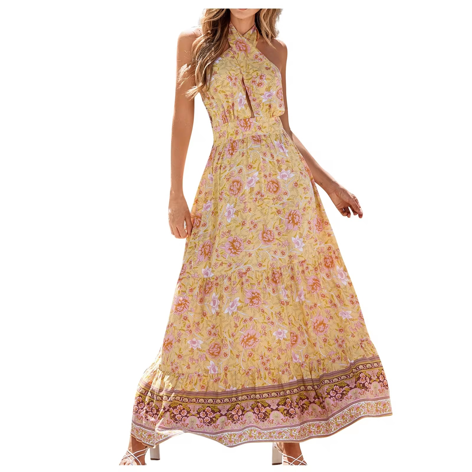 High Waist Bohemian Vestidos Vintage Floral Boho Halter Neck Maxi Dresses - Image 2
