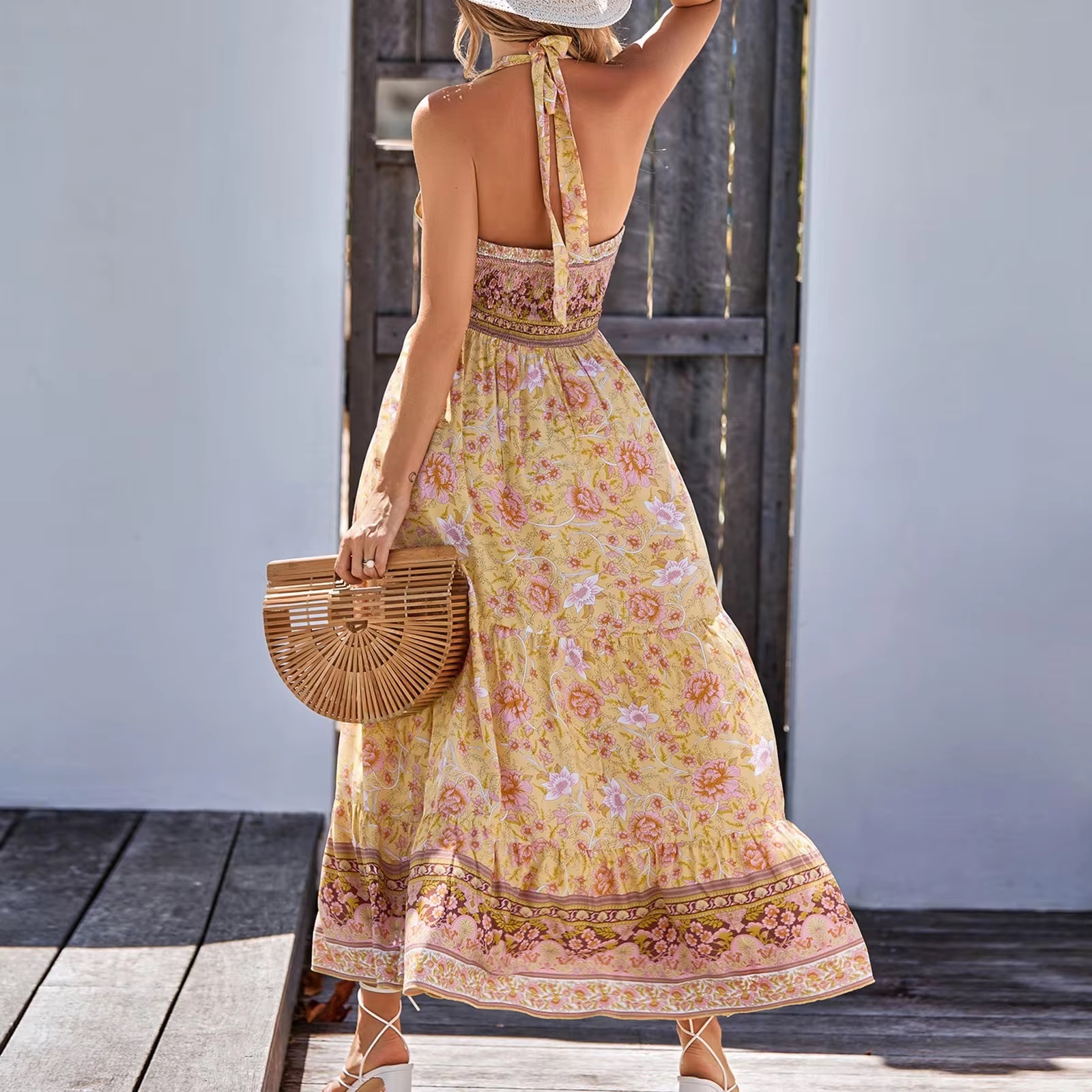 High Waist Bohemian Vestidos Vintage Floral Boho Halter Neck Maxi Dresses - Image 3